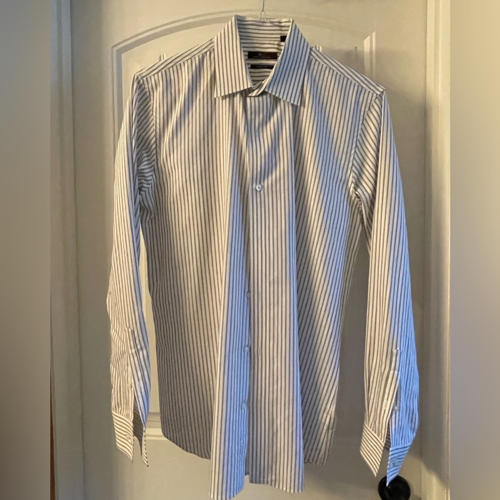 Black “ticking style “ stripe long sleeve dress shirt.